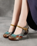 Female Genuine Leather Retro Pumps Mixed Colors Women Shoes 2022 Summer Party Hook Loop Round Toe Handmade Leisure Ladie