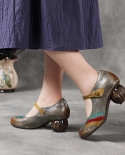 משאבות רטרו מעור אמיתי לנשים צבעים מעורבים נעלי נשים 2022 מסיבת קיץ לולאה עגולה בוהן בעבודת יד פנאי גברת