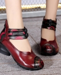 Ethnic Style Genuine Leather Women Shoes With Thick Heels Ladies Comfort Fashion Dancing Shoes Female Outsole Red Weddin