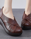 Genuine Leather Pumps Wedges Women Shoes Slip On Retro Round Toe Footwear 2022 New Autumn Handmade Sewing Platform Ladie