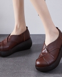 Genuine Leather Pumps Wedges Women Shoes Slip On Retro Round Toe Footwear 2022 New Autumn Handmade Sewing Platform Ladie