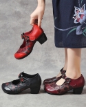 2022 Spring Women High Heel Shoes Flowers Handmad Pumps Ladies Retro Genuine Leather Footwear Round Toe Women Thick Heel
