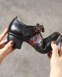 2022 Spring Women High Heel Shoes Flowers Handmad Pumps Ladies Retro Genuine Leather Footwear Round Toe Women Thick Heel