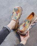 2022 New Genuine Leather Pumps Women Shoes Mixed Colors Footwear Retro Handmade Round Toe Non Slip Platform Heels Ladies