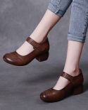 Ethnic Style Women Pumps Retro Shallow Genuine Leather Thick Heel Leisure Shoes Ladies Handmade Mother Shoes Fashion Foo