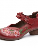 Ethnic Women Shoes 2022 Autumn Female Genuine Leather Floral Round Toe Retro Med Heels Pumps Handmade Hook  Loop Ladies