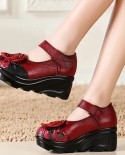 Handmade 2022 Autumn Vintage Comfortable Women Wedges Shoes Female Red Genuine Leather Shoes Round Toe Platform High Hee