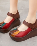 Women Genuine Leather Wedges Shoes 2022 Spring British Style Mixed Colors Retro Handmade Round Toe Slip On Platform Casu