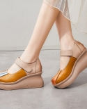 Women Genuine Leather Wedges Shoes 2022 Spring British Style Mixed Colors Retro Handmade Round Toe Slip On Platform Casu