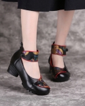 Mother Retro Soft Comfort Pumps Woman Genuine Leather Shallow Med Round Heel Office Lady Shoes Women Flower Wedding Shoe
