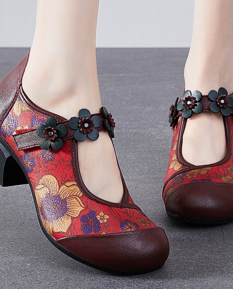 Spring Autumn Women High Heel Shoes Flowers Handmade Pumps Ladies Retro Genuine Leather Round Toe Woman Thick Heel Shoes