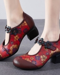 Spring Autumn Women High Heel Shoes Flowers Handmade Pumps Ladies Retro Genuine Leather Round Toe Woman Thick Heel Shoes