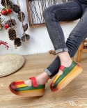 Female Genuine Leather Pumps Women Shoes 2022 New Retro Mixed Colors Hook Loop Spring Autumn Wedges Fashion Ladies Shoes