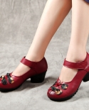 National Style Flowers Mom Shoes 2022 Autumn Chunky Heels Buckle Vintage Mary Janes Pumps Shoes For Women Genuine Leathe