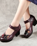 National Style Flowers Mom Shoes 2022 Autumn Chunky Heels Buckle Vintage Mary Janes Pumps Shoes For Women Genuine Leathe