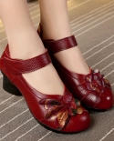 2022 Autumn Ethnic Style Genuine Leather Handmade Floral Shoes For Women Mid Heels Pumps Round Toe Fashion Wedding Shoes