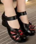 2022 Autumn Ethnic Style Genuine Leather Handmade Floral Shoes For Women Mid Heels Pumps Round Toe Fashion Wedding Shoes