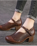 Fashion Party Women Pumps 2022 Autumn Med Heels Single Shoes Genuine Leather Handmade Retro Mother Pumps Woman Hollow Sa