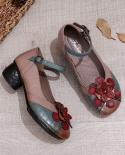 Women Ethnic Retro Style Floral Genuine Leather Pumps 2022 Spring T Strap Buckle Heel Dress Sandals Shoes Casual Outdoor
