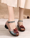 Women Ethnic Retro Style Floral Genuine Leather Pumps 2022 Spring T Strap Buckle Heel Dress Sandals Shoes Casual Outdoor