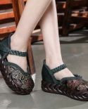 Gykaeo 2022 Summer National Style Embroidered Flower Slope Women Pumps Female Med Heels Genuine Leather Breathe Shoes Za