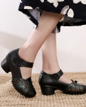 Ethnic Style Genuine Leather Women Shoes With Weaving Thick Heels Mother Shoes 2022 Leather Party Shoes Soft Outsole Wom