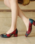 Gykaeo New Bohemian Style Slipon Genuine Leather Mary Janes Shoes Women Plus Size Red Floral Mid Heel Pumps Zapatos Muj