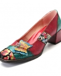 Gykaeo New Bohemian Style Slipon Genuine Leather Mary Janes Shoes Women Plus Size Red Floral Mid Heel Pumps Zapatos Muj