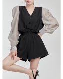Hepburn Style Two-piece Black Contrast Color V-neck Long-sleeved Design Capable Temperament Women