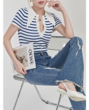 Stripe Hollow-out Slim-fit Chic Shoulder Knitted Sweater Summer