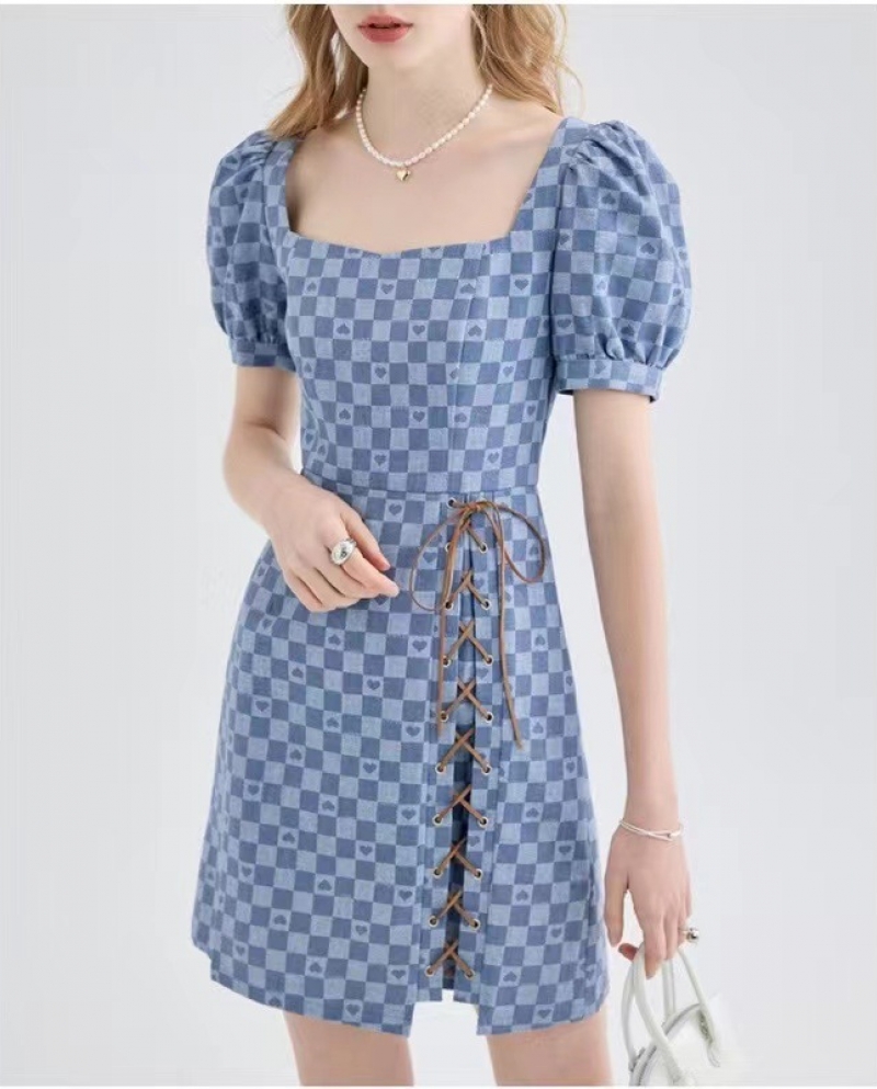 Checkerboard Dress Female Summer Square Collar Cross Straps Puff Sleeve Denim Skirt