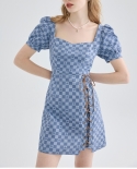 Checkerboard Dress Female Summer Square Collar Cross Straps Puff Sleeve Denim Skirt