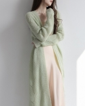 Hollow Knitted Long-sleeved Cardigan Womens New Style Mid-length Coat