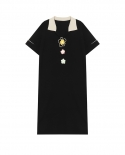 Womens Summer Black Three-dimensional Embroidery Small Flowers Show Thin All-match Shoulder Polo Dress