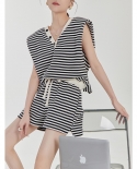Black And White Striped V-neck Top Shorts Summer Two-piece