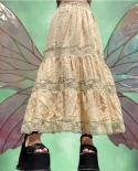 תחרה פרחונית חצאיות טלאי וינטג ארוכות נשים אביב קיץ אופנה מותן גבוה חצאיות ארוכות רפויות רחוב בגדי סקי רגיל
