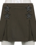 Women Fashion Denim Skirts With Five Pointed Star Patchwork Pleated Detail High Waist Mini Skirts Summer Ladies Girls Sk