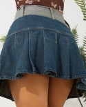 Y2k Vintage Denim Skirts High Waist Slim Fit Patchwork Pleated Hem Split Short Skirts Streetwear Women Summer A Line Ski