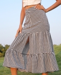 Plaid Split Hem Half Length Skirts Women Fashion High Waist Casual Button Decor Over The Knee Daily Skirts Streetwear Gi