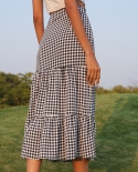 Plaid Split Hem Half Length Skirts Women Fashion High Waist Casual Button Decor Over The Knee Daily Skirts Streetwear Gi