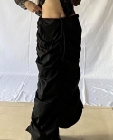 Y2k Ruched Shirring Baggy Long Skirts Women Solid Color Drawstring Adjustable Elastic Low Waist Vintage Harajuku Skirts