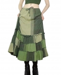 Women Long Half Dress Fashion Drawstrings Patchwork Plaid High Waist Long Skirts Casual Party Summer A Lined Green Skirt