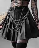 Punk Chains Pu Leather Skirts Womens Fashion Pleated Short Skirts Solid Color High Waist A Line Skirts Streetwear Gir