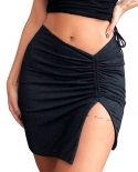 Women Closefitting  Skirts Solid Color Low Elastic High Waist Slit Skirts Ladies Summer Drawstring Mini Skirts Club Clot