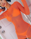Women Mesh Sheer Beach Dress Bikini Cover Ups Sarong Club  Dress Summer Long Sleeve See Through Beachdresscoverup