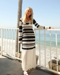 Y2k Hollow Out Knit Long Dress Women Stripe Long Sleeve Square Neck Casual Loose Dress Summer Fall Beach Bohemian Dresse