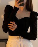 Elegant Square Collar Women Blouse Pleated Puff Long Sleeve Female Autumn Casual Skinny Cropped Top Shirts Streetwear Bl
