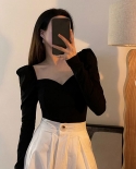 Elegant Square Collar Women Blouse Pleated Puff Long Sleeve Female Autumn Casual Skinny Cropped Top Shirts Streetwear Bl