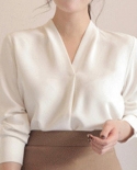 Women Solid Color All Matched Polyester V Neck Office Chiffon Shirt Stylish Loose Long Sleeve Breathable Tops Skin Frien
