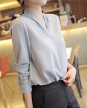 Women Solid Color All Matched Polyester V Neck Office Chiffon Shirt Stylish Loose Long Sleeve Breathable Tops Skin Frien